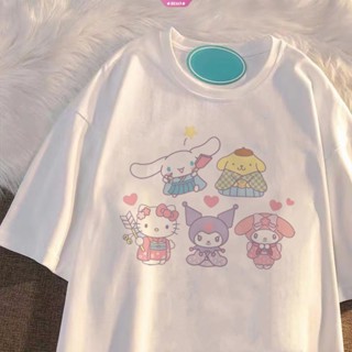 SANRIO เสื้อยืดแขนสั้น ผ้าฝ้าย 100% พิมพ์ลาย Hello Kitty แฟชั่นฤดูร้อน สําหรับผู้หญิง 2023 Y2k