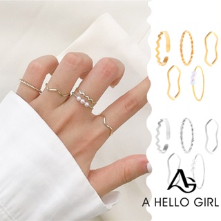 A HELLO GIRL 5 ชิ้น / เซต แหวนมุก ทรงเรขาคณิต เรียบง่าย สไตล์เกาหลี สําหรับผู้หญิง เครื่องประดับแฟชั่น อินเทรนด์