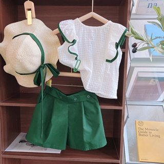 [Do Re Mi] ชุดเซ็ต 2 ชิ้น เสื้อกล้ามสีขาวลายริ้วสำหรับเด็กผู้หญิง + กางเกงขาสั้นลำลองสีเขียว