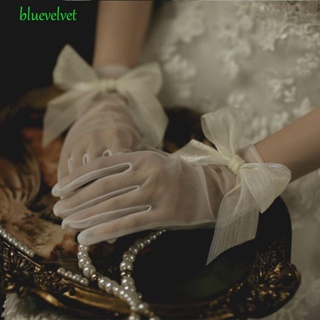 Bluevelvet ถุงมือเจ้าสาว แบบสั้น ผ้าตาข่ายใส ประดับโบว์ สําหรับงานพรอม งานเลี้ยง