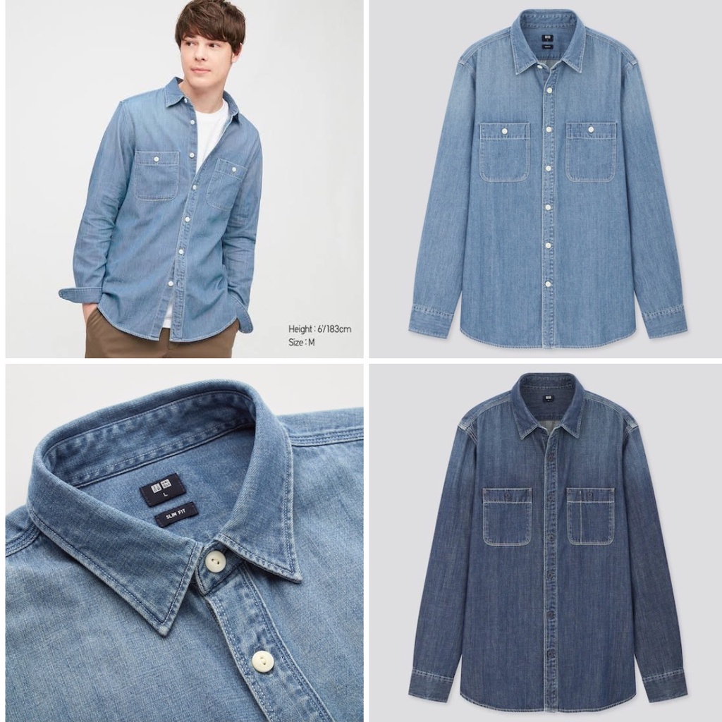 เสื้อเชิ้ตยีนส์เเขนยาว-denim-work-slim-fit-long-sleeve-shirt-งานตัดป้าย