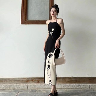 French Retro High-end Knitted Tube Top Dress Niche Elegant Design New Chinese Printed Dress for Women