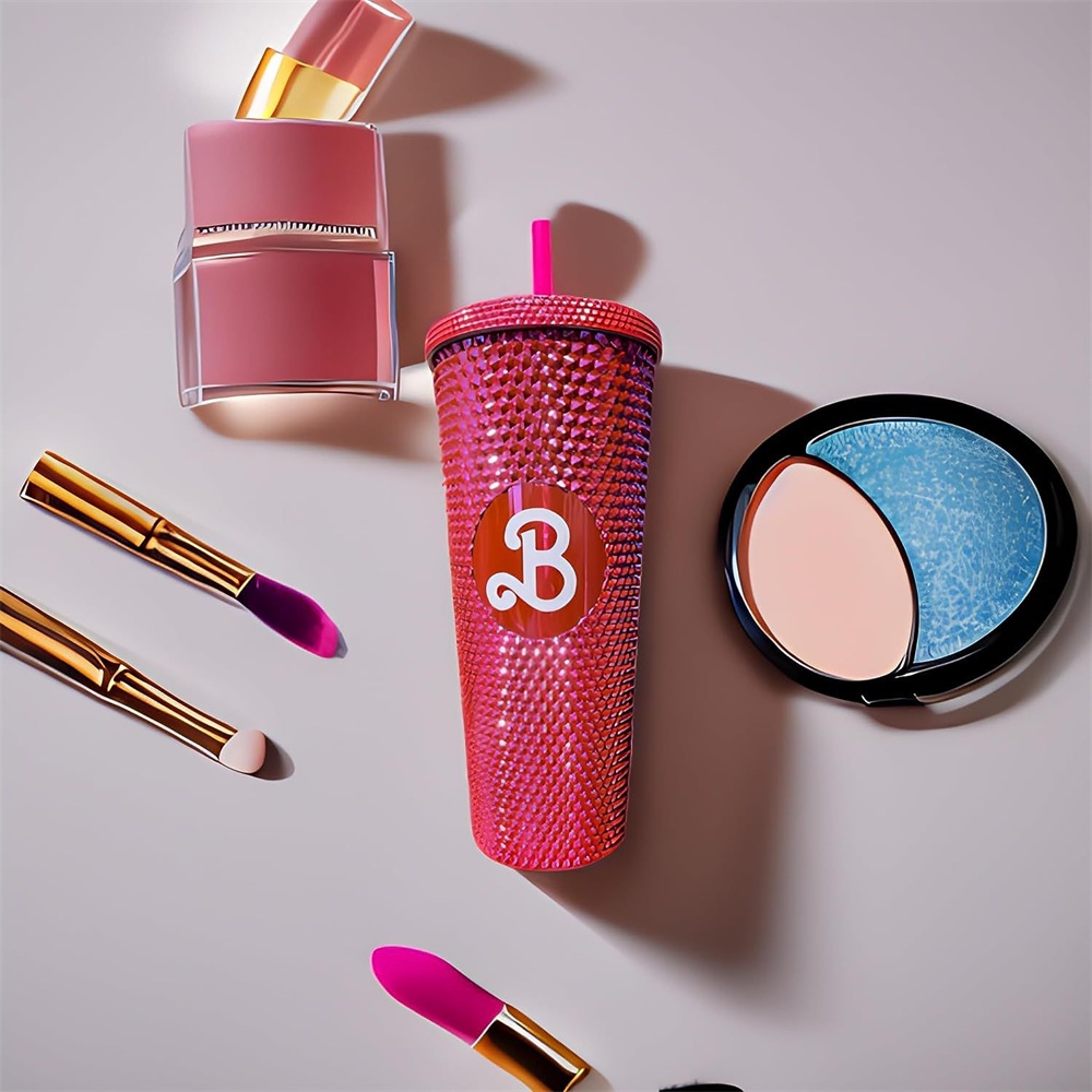 700ml-ตุ๊กตาบาร์บี้ถ้วยฟางสีชมพูถ้วยสีชมพู-barbi-ภาพยนตร์-diamond-studded-double-wall-tumbler-นำกลับมาใช้ใหม่-bling-ทุเรียนถ้วยแก้วกาแฟแบบพกพาดอกไม้