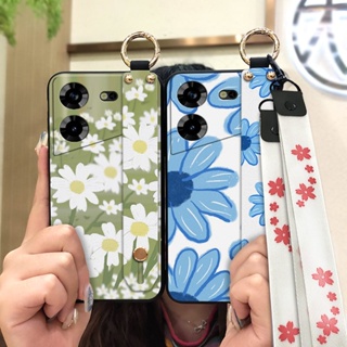 Durable flower Phone Case For Tecno Pova5 4G Wrist Strap ring Phone Holder Soft case Wristband Oil Painting Shockproof Silicone