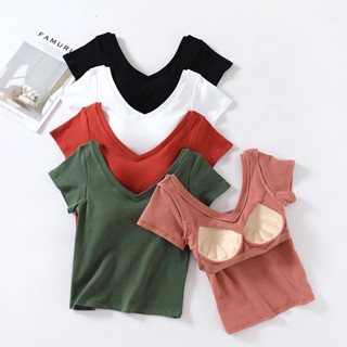 เสื้อยืดแขนสั้นลําลอง คอวีลึก ผ้าฝ้าย เหมาะกับใส่เล่นโยคะ สไตล์มินิมอล สําหรับผู้หญิง