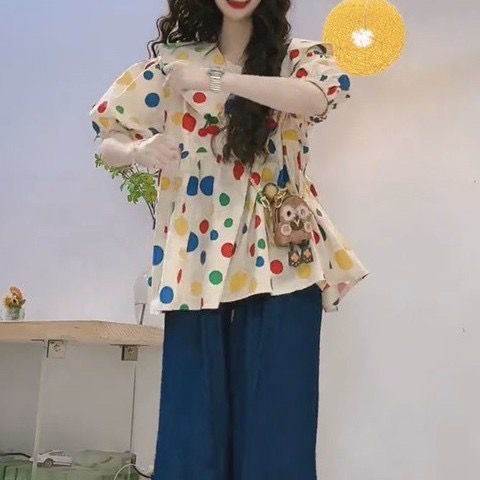 ขายร้อน-2023ฤดูร้อนรุ่นใหม่เสื้อเชิ้ตคอตุ๊กตาลายจุดสำหรับผู้หญิงดีไซน์