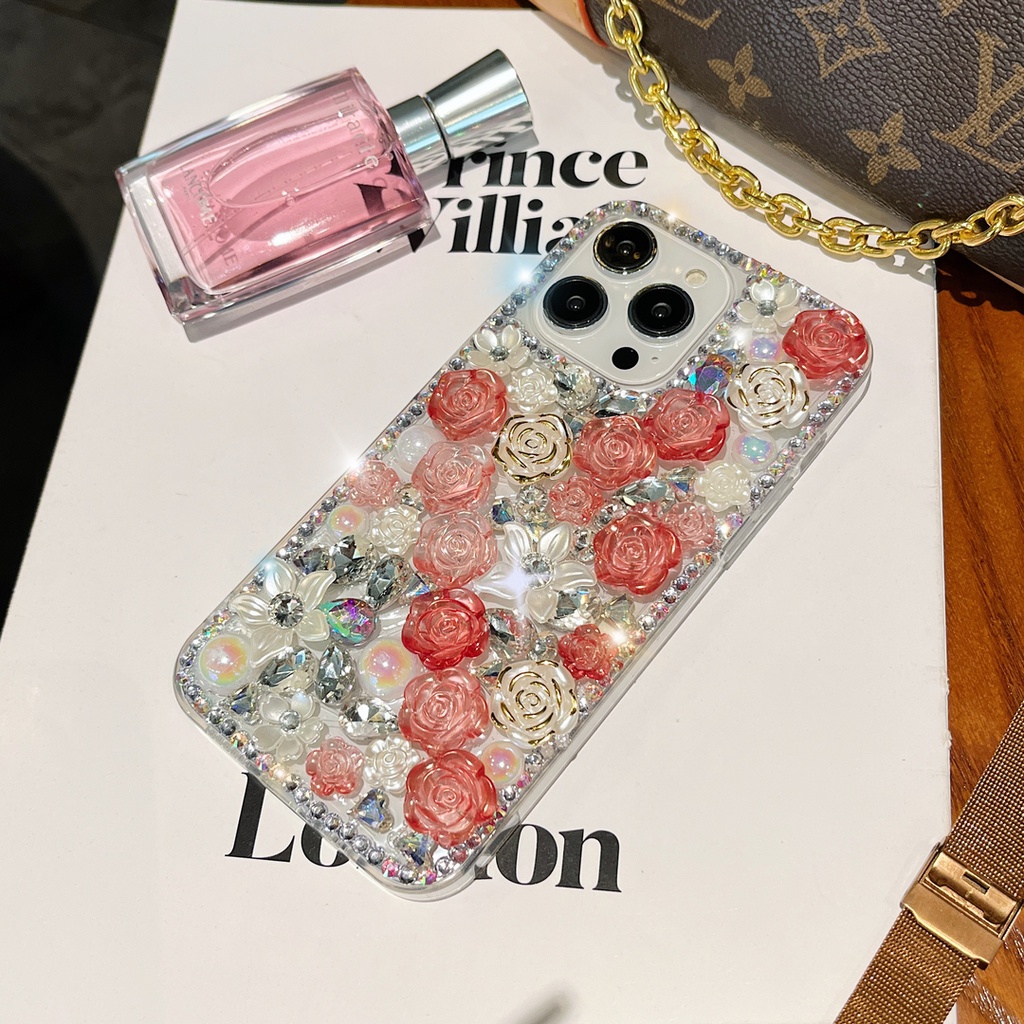 เคส-iphone-14-pro-max-13-12-11-pro-max-xs-max-13-12-โทรศัพท์มือถือ-ประดับมุก-พลอยเทียม-กลิตเตอร์-ระยิบระยับ-ลายดอกกุหลาบ-3d-หรูหรา-สําหรับ