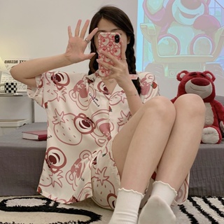 Summer new ice silk pajamas short-sleeved shorts New Large Size Cartoon Strawberry Bear Ladies Homewear Set