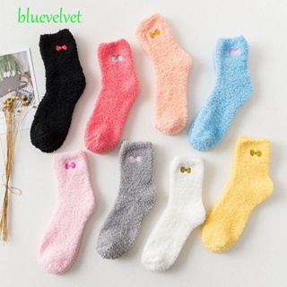 Bluevelvet ถุงเท้า ผ้ากํามะหยี่ แบบหนา ประดับโบว์น่ารัก แฟชั่นฤดูหนาว