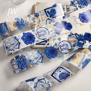 Jianwu เทปวาชิ PET ลายดอกกุหลาบ สีฟ้า ขนาด 60 มม.*500 ซม. สําหรับตกแต่งเครื่องเขียน DIY