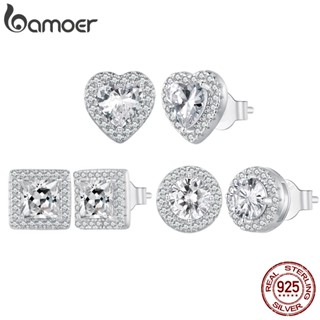 Bamoer ต่างหูเงินสเตอร์ลิง 925 ทรงกลม รูปหัวใจ ทรงสี่เหลี่ยม หรูหรา เรียบง่าย เครื่องประดับ สําหรับผู้หญิง