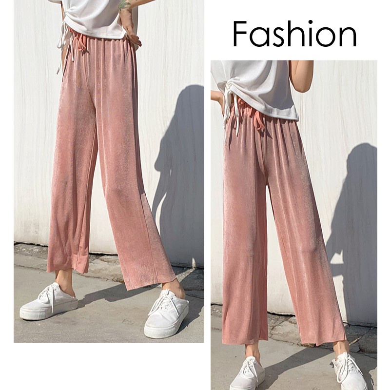 กางเกงขายาวผู้หญิง-แฟชั่น-ทรงหลวมเอวสูง-ขากว้าง-สวยๆสไตล์เกาหลี-กางเกงทรงหลวมเอวสูงสีทึบ