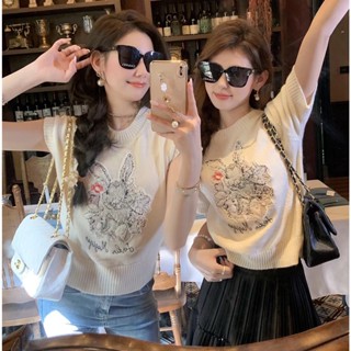 เสื้อกันหนาว คอกลม แขนสั้น ปักลายกระต่าย ปลา เข้ากับทุกการแต่งกาย แฟชั่นฤดูใบไม้ผลิ และฤดูร้อน สําหรับผู้หญิง GW4W