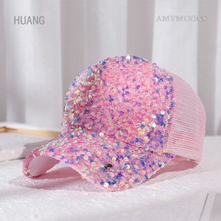 Amymoons หมวกกันแดด ผ้าตาข่าย ปักเลื่อม ระบายอากาศ ลําลอง ฤดูร้อน สีดํา / ปรับได้