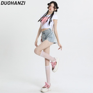 Duohanzi ใหม่ กางเกงยีนขาสั้น เอวสูง ทรงเอ แฟชั่นฤดูร้อน สําหรับผู้หญิง