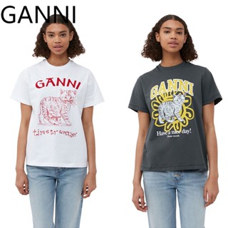 Ganni เสื้อยืดคอกลม แขนสั้น ผ้าฝ้าย พิมพ์ลายแมว สีขาว ทรงหลวม สําหรับผู้หญิง