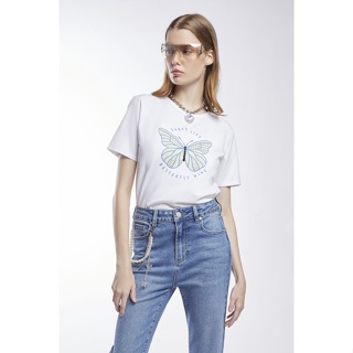 ESP เสื้อทีเชิ้ตลายผีเสื้อแต่งคริสตัล ผู้หญิง สีขาว | Crystal Embellished Butterfly Print Tee Shirt | 06019