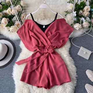 Korean fashion fake two-piece set of care machine design sense suspender shoulder-exposed short-sleeved waist tie wide-leg one-piece trousers