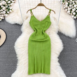 Knitted chain suspender vest dress feminine temperament slim medium-length knitted hip dress in summer