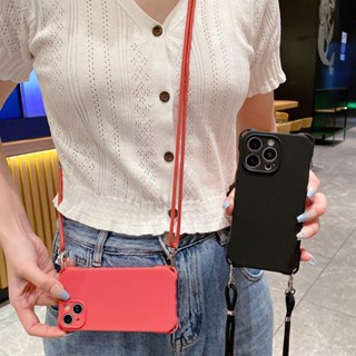 เคสโทรศัพท์มือถือ ซิลิโคน พร้อมสายคล้องคอ สีพื้น สําหรับ IPhone 14 Pro Max 13 12 11 Pro 14 Plus