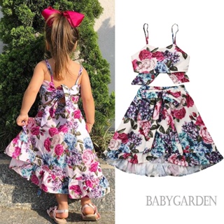 Babygarden-1-6 ปี เด็กผู้หญิง เสื้อผ้าฤดูร้อน ชุดเอี๊ยมแขนกุด เสื้อครอป ลายดอกไม้ + กระโปรงยาว เอวสูง