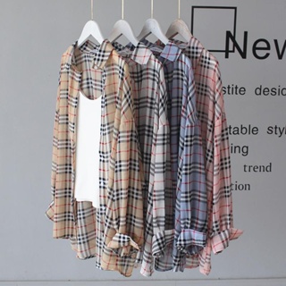 Hong Kong style plaid thin shirt cool and smooth in summer sunscreen shirt with long sleeves and loose breathable blouse