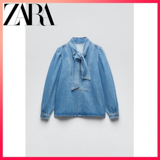 Zara เสื้อเชิ้ตยีน ทรงหลวม ประดับโบว์ สําหรับผู้หญิง