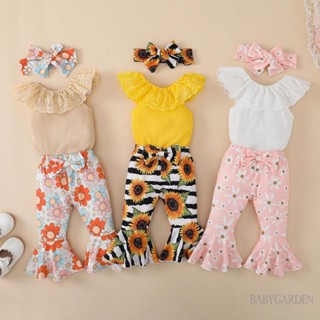 Babygarden-0-18months ชุดรอมเปอร์แขนกุด คอปาด พิมพ์ลายดอกไม้ กางเกงบาน ที่คาดผม สีพื้น สําหรับเด็กผู้หญิง