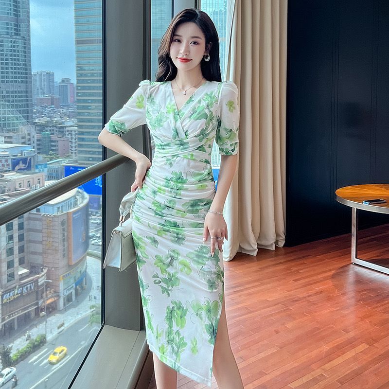 ชุดเดรสยาว-คอวี-ผ้าตาข่าย-ลายดอกไม้-สีเขียว-แฟชั่นฤดูร้อน-สําหรับผู้หญิง-22-ปี