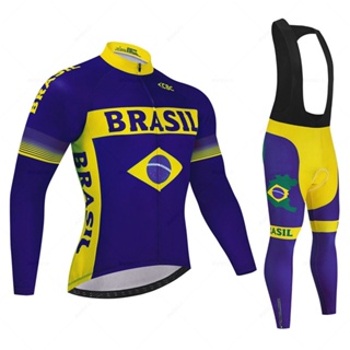 ชุดเสื้อแขนยาว และกางเกง ลายทีมบราซิล ระบายอากาศ สไตล์บราซิล สําหรับขี่จักรยาน 2024