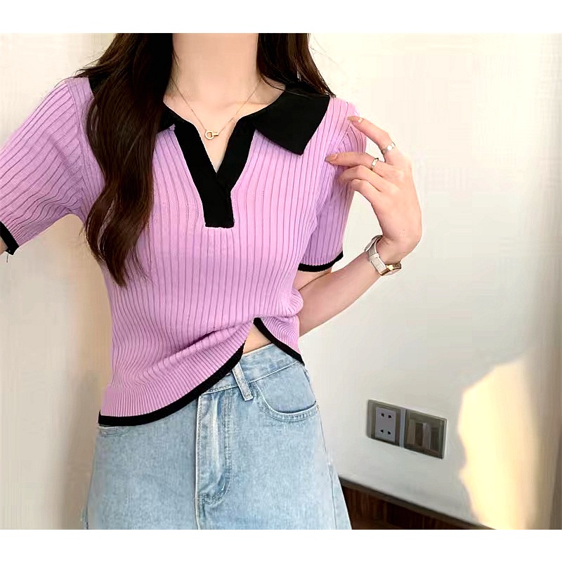 เสื้อโปโลแขนสั้น-คอปก-แบบเรียบ-แฟชั่นฤดูร้อน-สําหรับผู้หญิง