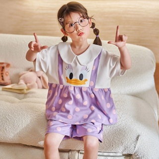 Summer new short-sleeved pure cotton childrens pajamas Cartoon childrens cute duck home clothes