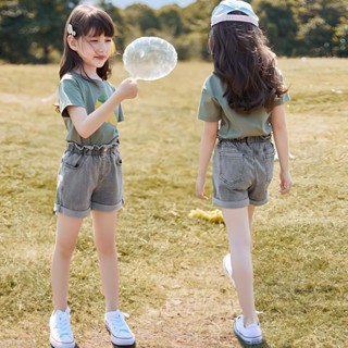 พร้อมส่ง ชุดเสื้อแขนสั้น กางเกงขาสั้น ผ้ายีน สไตล์เกาหลี สําหรับเด็กผู้หญิง 2023