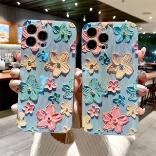 เคสโทรศัพท์มือถือแบบนิ่ม กันกระแทก ลายภาพวาดสีน้ํามัน รูปดอกไม้ 3D แนวเรโทร หรูหรา สําหรับ iphone 11 12 13 14 Pro Max 14 Plus