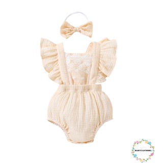 Babyclothes- ชุดรอมเปอร์ จั๊มสูท บอดี้สูท คอสี่เหลี่ยม แขนแต่งระบาย ปักลายลูกไม้ พร้อมที่คาดผม สําหรับเด็กผู้หญิง