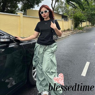 Blessedtime- กางเกงคาร์โก้ เอวยางยืด จีบรอบ ทรงหลวม พร้อมกระเป๋า แฟชั่นสตรีท