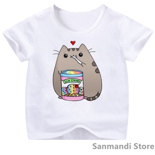 เสื้อยืด พิมพ์ลายการ์ตูนแมวกินไอศกรีมน่ารัก แฟชั่นฤดูร้อน สไตล์ฮาราจูกุ สําหรับเด็กผู้หญิง และผู้ชาย