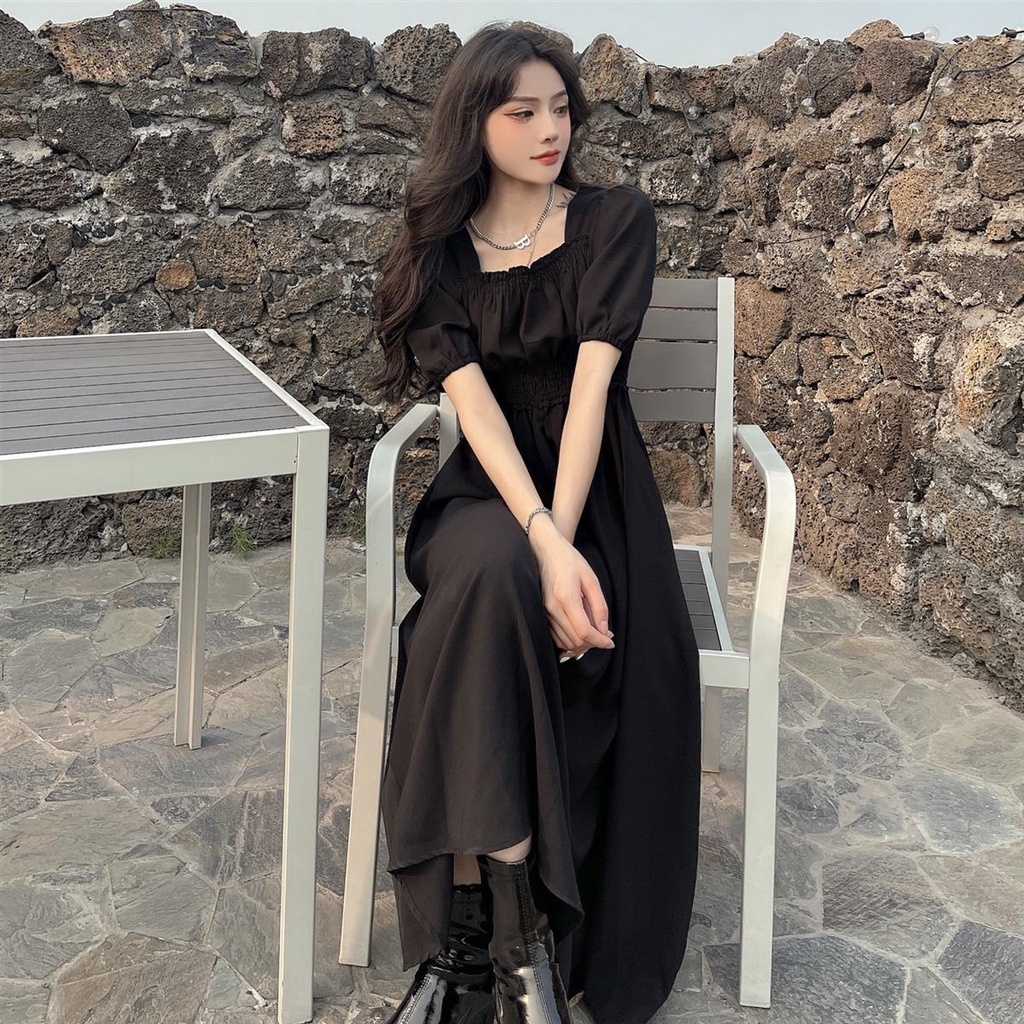 ชุดเดรสกระโปรงยาว-คอสี่เหลี่ยม-แขนพอง-เข้ารูป-แฟชั่นฤดูร้อน-สําหรับสตรี