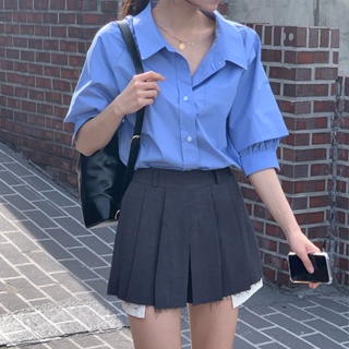 Ins Blogger Style~ เสื้อเชิ้ตแขนห้าส่วน คอปก แต่งจับจีบ สีฟ้าทะเล สไตล์เกาหลี