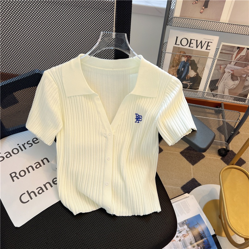 เสื้อเชิ้ตถัก-คอปก-ทรงสลิมฟิต-พิมพ์ลายตัวอักษร-สไตล์เรโทร-แฟชั่นสําหรับผู้หญิง