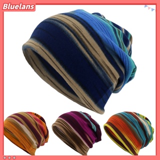 【 Bluelans 】หมวกผ้าพันคอ ผ้าโพกหัว พิมพ์ลายทาง สองชั้น แฟชั่นฤดูหนาว สําหรับทุกเพศ 2 in 1
