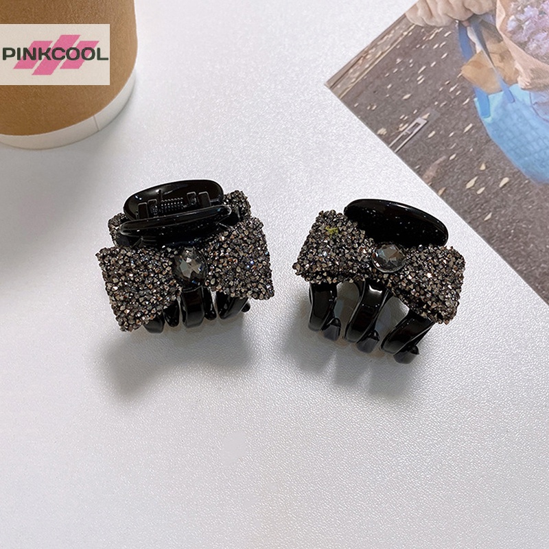 pinkcool-กิ๊บติดผมหางม้า-ประดับโบว์-พลอยเทียม-สีดํา-สไตล์เกาหลี-ฤดูร้อน-สําหรับผู้หญิง