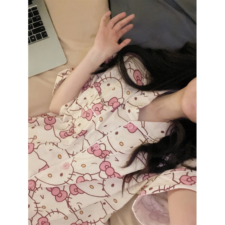 ชุดนอนแขนสั้นลายการ์ตูน-hello-kitty-น่ารัก-สไตล์ญี่ปุ่น-ชุดฤดูร้อน-2023-แบบใหม่-สวมใส่สบาย