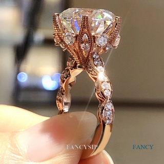 Fancysip แหวนแต่งงาน ประดับเพทาย ทรงกลม ขนาดใหญ่ สีโรสโกลด์ 4 เขี้ยว สําหรับผู้หญิง