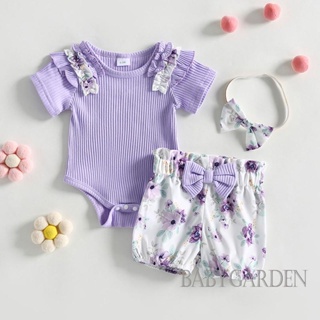 Babygarden-0-18 เดือน ชุดรอมเปอร์ แขนสั้น ผ้าถัก สีม่วง + กางเกงขาสั้น ลายดอกไม้ + ที่คาดผม