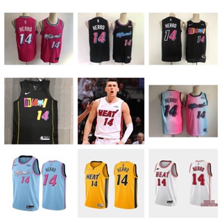 Miami Heat #14 Tyler Herro เสื้อบาสเก็ตบอลสีดำของผู้ชายสั้น -เสื้อยืดกีฬา