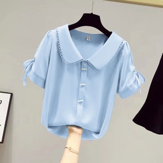 เสื้อเชิ้ตแขนสั้น คอตุ๊กตา ลดหน้าท้อง แบบผูกเชือก ขนาดใหญ่ สไตล์ตะวันตก แฟชั่นฤดูร้อน สําหรับผู้หญิง