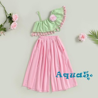 Aqq- ชุดเสื้อเปิดไหล่ข้างเดียว และกางเกงขากว้าง สีชมพู แฟชั่นฤดูร้อน สําหรับเด็กผู้หญิง 2 ชิ้น