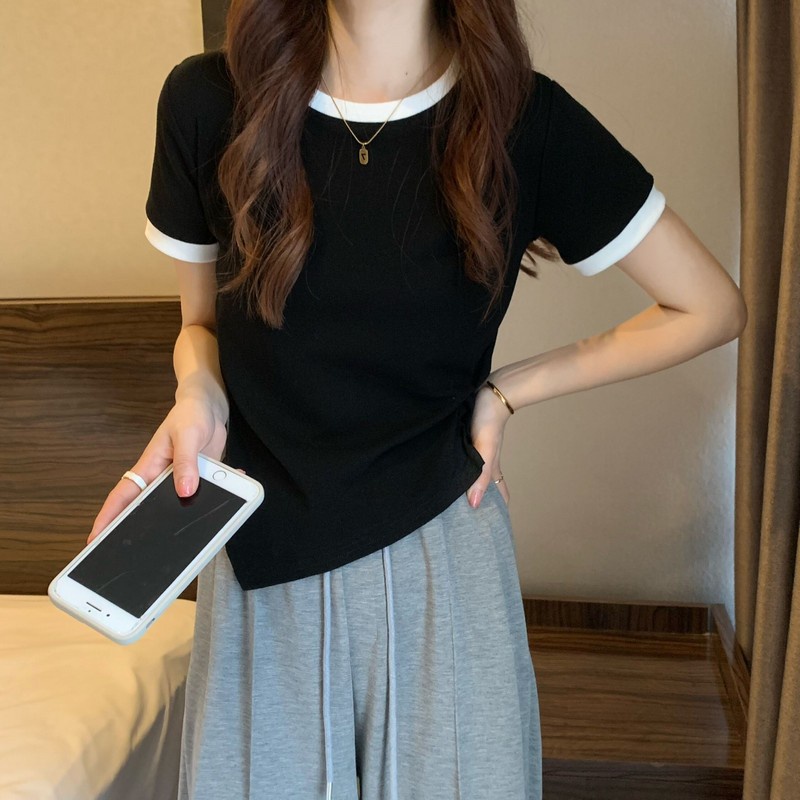 เสื้อครอปแขนสั้นลําลอง-แบบบาง-อเนกประสงค์-แบบเรียบง่าย-แฟชั่นฤดูร้อน-สไตล์เกาหลี-สําหรับผู้หญิง