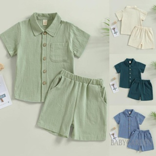 Babygarden-6 เดือน - 4 ปี ชุดเสื้อผ้าเด็กผู้ชาย สีพื้น, เสื้อแขนสั้น กระดุมปิด + กางเกงขาสั้น เอวยางยืด